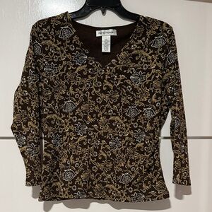 Rena Rowan Brown Floral Blouse Top Size M/L